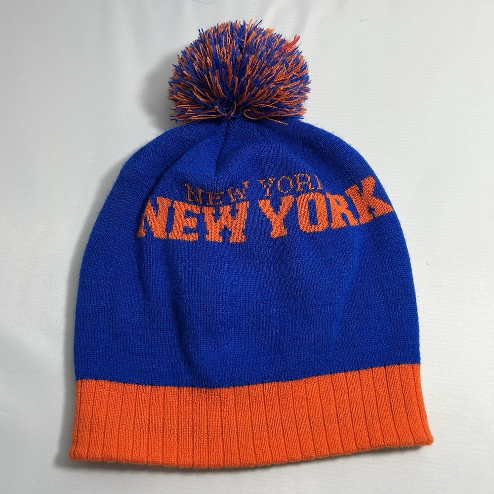 City Hunter USA New York Beanie Hat Blue Orange Pom Pom Knit Cuffed Stocking Cap